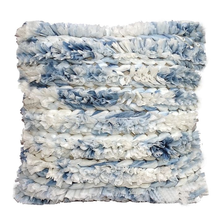 20" White and Blue Fluffy Handloomed Throw Pillow