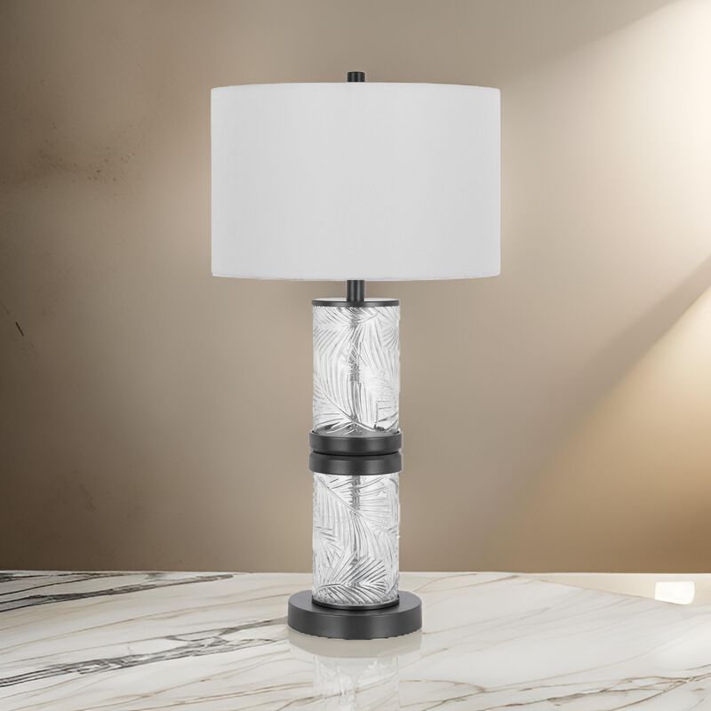 Hem 31 Inch Table Lamp with Drum Hardback, LED, Leafy Glass, Gray Metal - Benzara