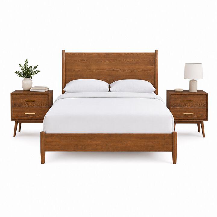 Queen Bedroom Set, Walnut Brown, Nickel Wood, 3 Piece Set with 2 Nightstands