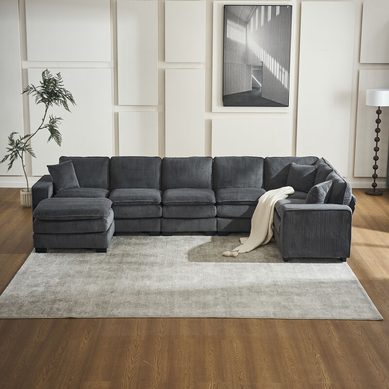 Merax Modern U Shaped 6-seat Sectional Sofa Couch with one Ottoman and three toss pillows