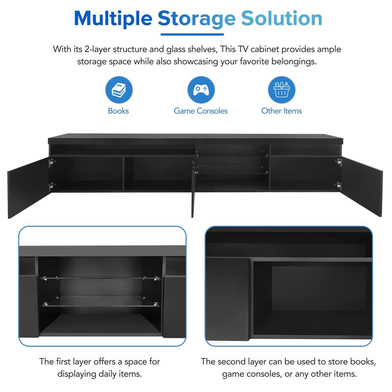 Clihome LED Lights TV Stand with 2 Glass Shelves for Living Room image number 3