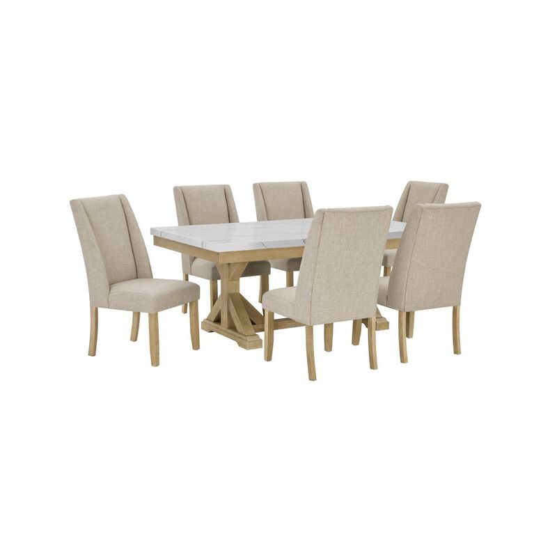 Best Quality Furniture 7Pc Fuax Marble Top Dining Set With 6 Beige Side Chairs