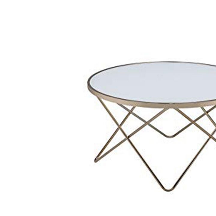 Contemporary Style Round Glass and Metal Coffee Table, White and Gold-Benzara