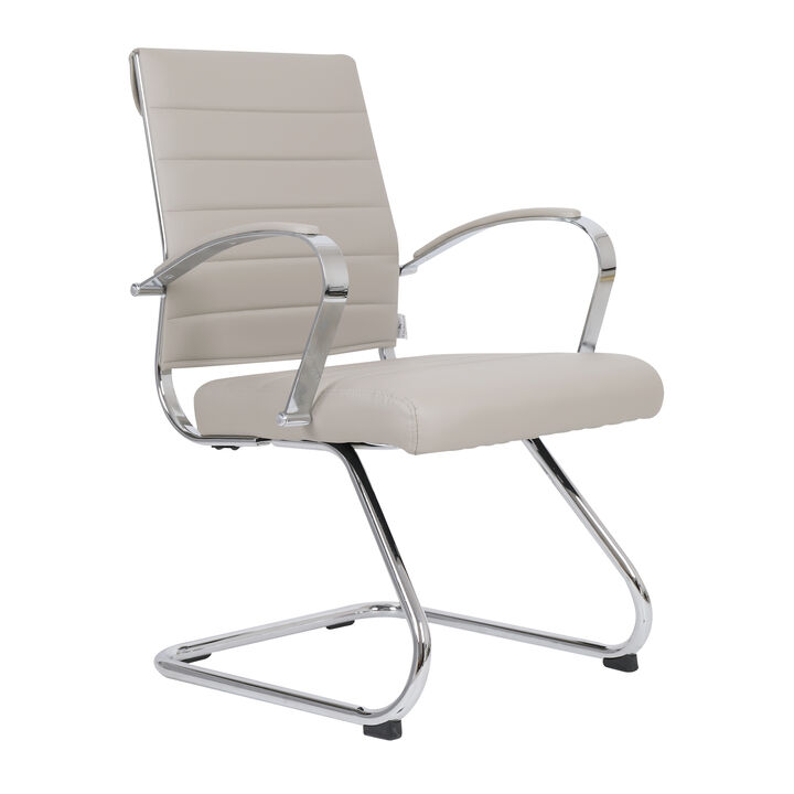 LeisureMod Benmar Guest Office Chair, Ribbed Leather Upholstery with Chrome Arms and Sled Base, Modern Desk Seating for Home or Conference Room