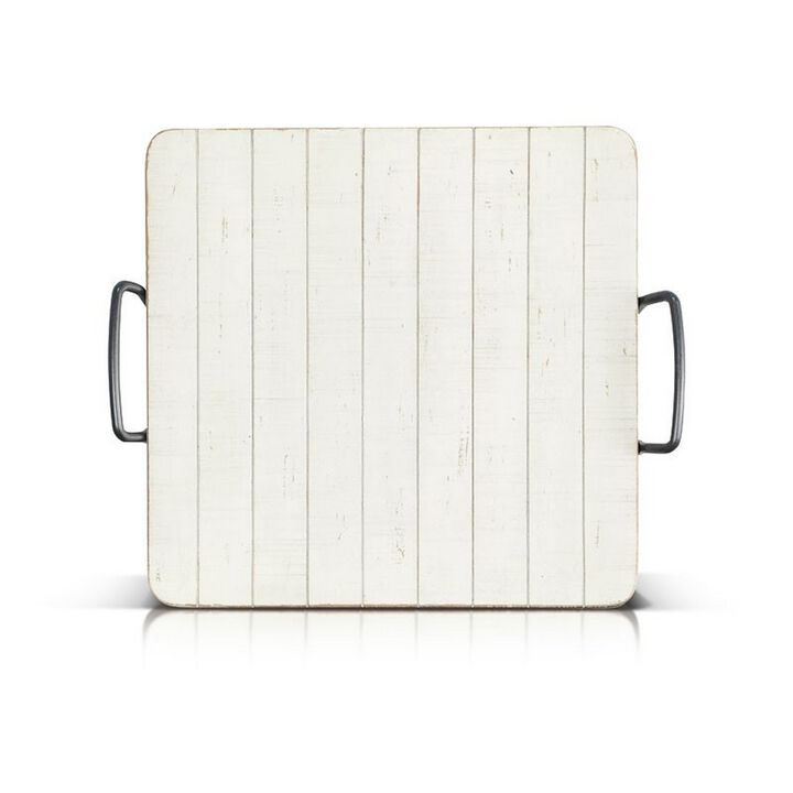 Rena Ottoman Tray, Metal Handles, 17 Inch Distressed White Mahogany