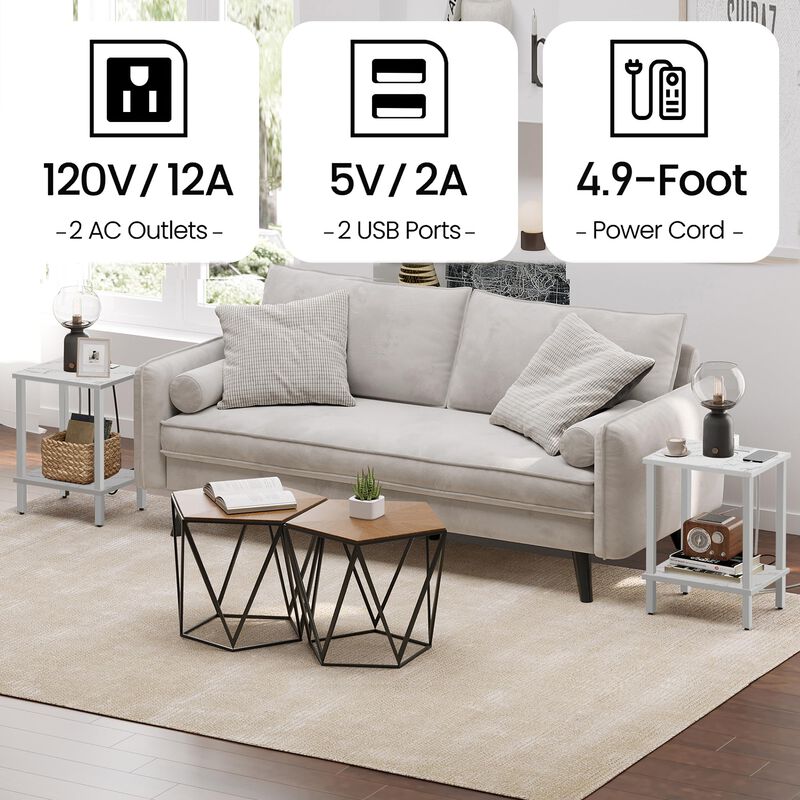 TUTOTAK End Table with Charging Station, Side Table with USB Ports and Outlets, Nightstand, 2-Tier Storage Shelf, Sofa Table for