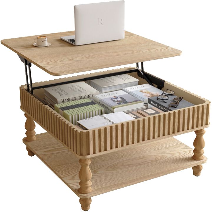 31.5 Inch Modern Square Lift-Top Coffee Table with Hidden Storage Tray, Fluted Wood Design, Wooden Living Room Center Table