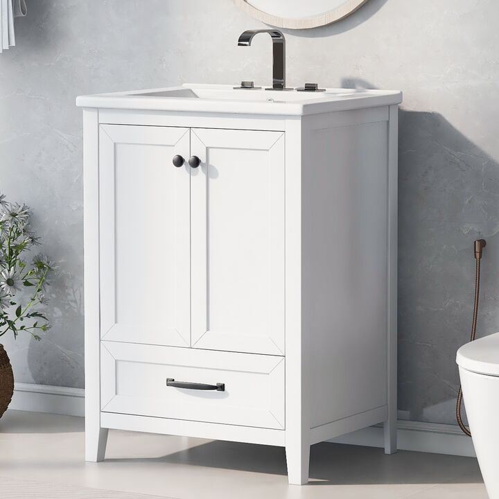 Whisen 24" Bathroom Vanity with Sink, Bathroom Vanity Cabinet with Drawer and Doors - White