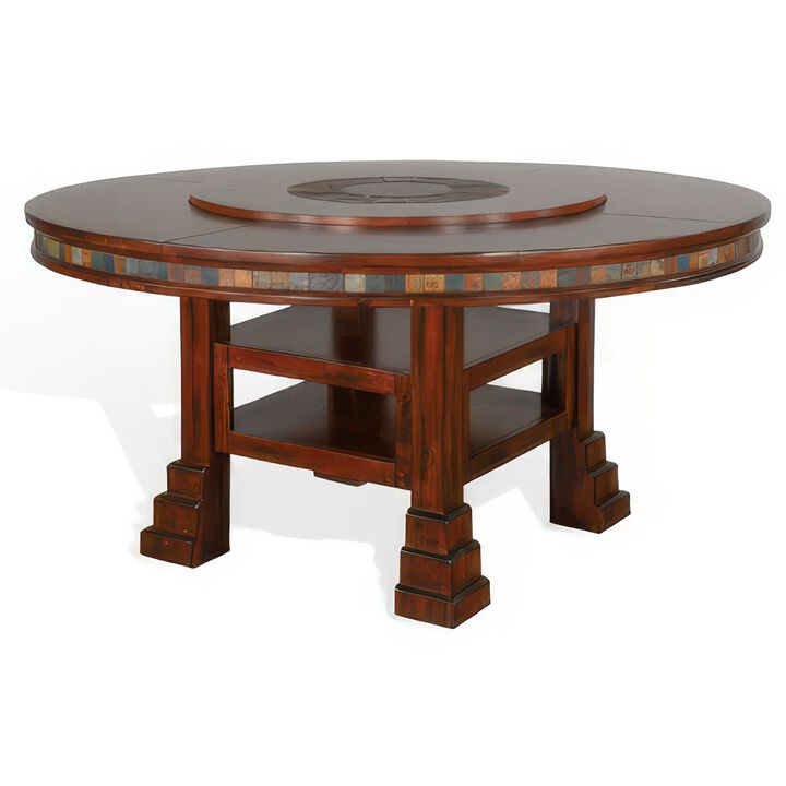 Odell Dining Table w Lazy Susan, 2 Shelves, 60 Inch Round Dark Brown