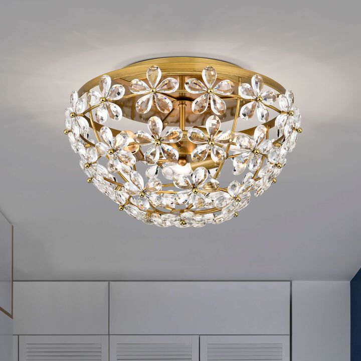 Amila 3-Light Brushed Brass Glam Daisy Flower Crystal Blossom Flush Mount