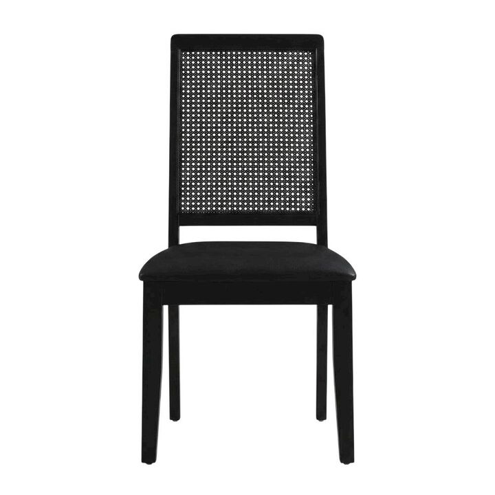 Vegan Leather Upholstered Faux Rattan Dining Chairs, Black Black, Set of 2