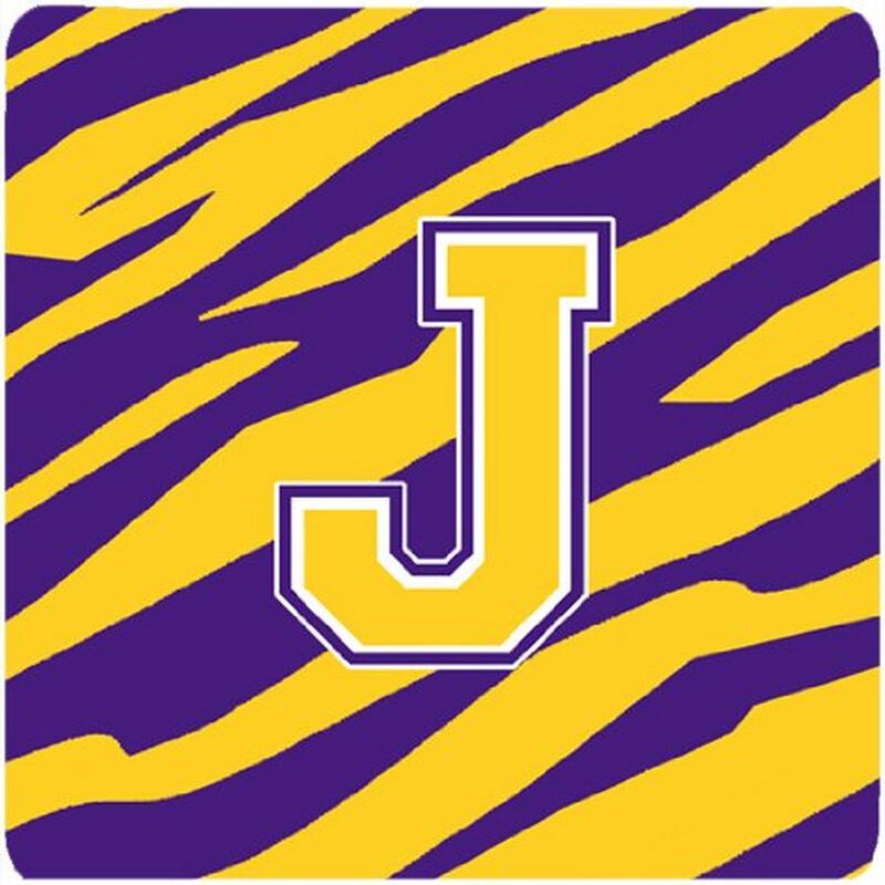 Caroline's Treasures CJ1022-JFC Monogram-Initial J Tiger Stripe-Purple Gold Foam Coasters (Set of 4), 3.5 H x 3.5 W, Multicolor
