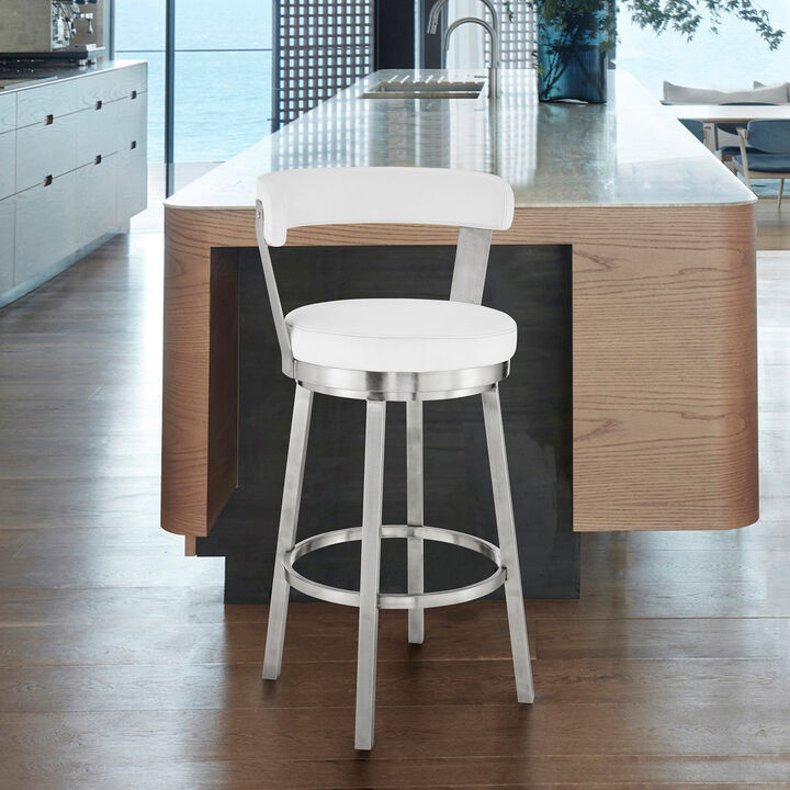 Kobe Bar Height Swivel Bar Stool in Brushed Stainless Steel Finish and White Faux Leather