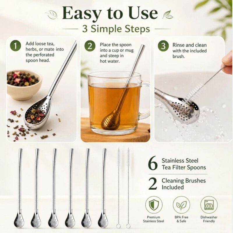 Stainless Steel Drinking Straws with Filter Spoon and Cleaning Brushes image number 3