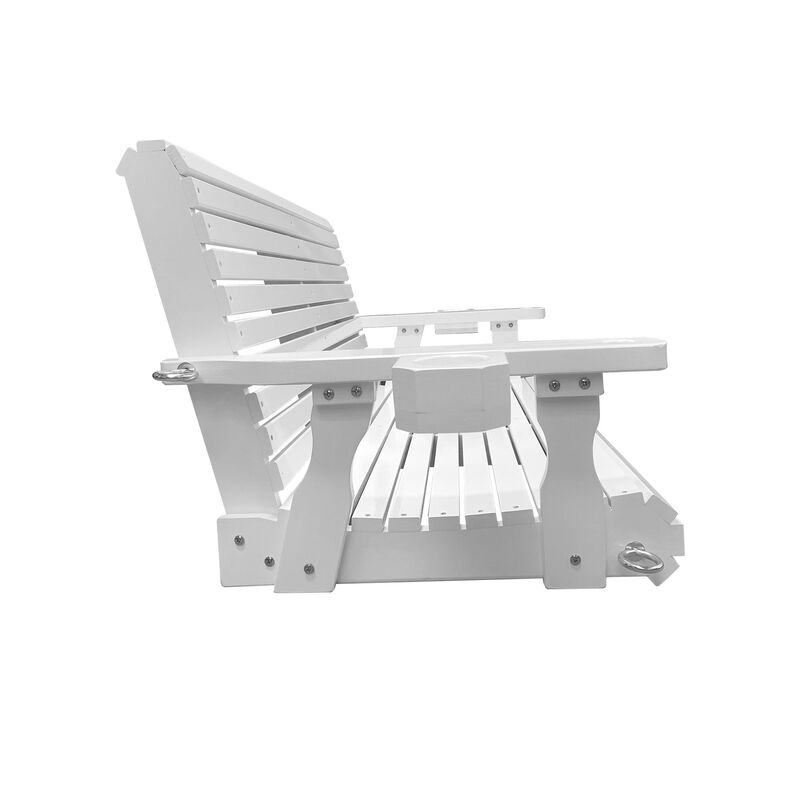 Wooden Porch Swing 2-Seater, Bench Swing with Cupholders, Hanging Chains and 7mm Springs, Heavy Duty 800 LBS, for Outdoor Patio Garden Yard (White)