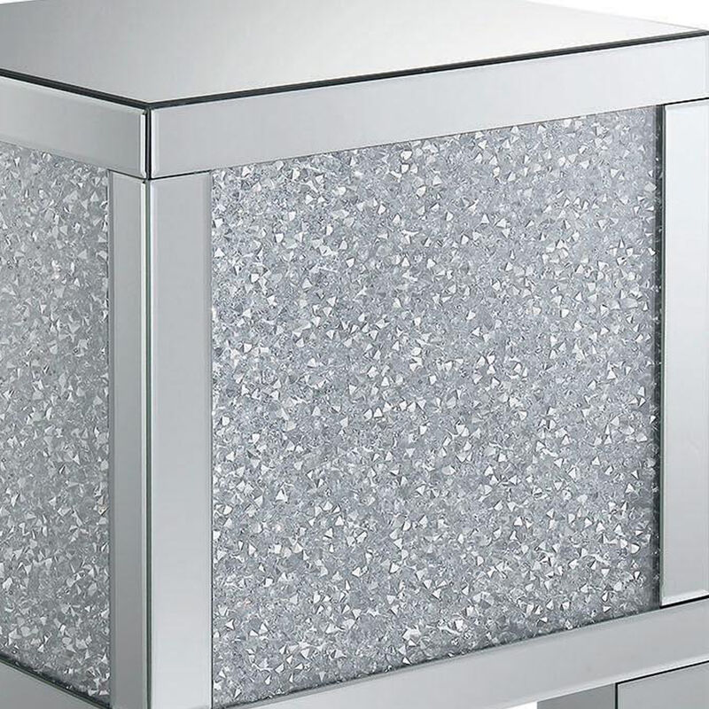 Wooden End Table with Infused Crystals on Mirrored Panel, Silver and Clear