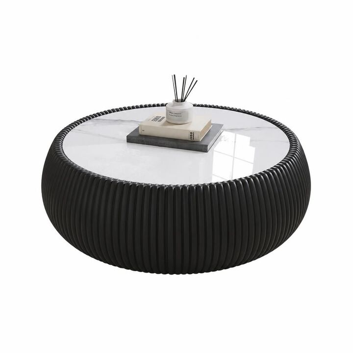 GOODSILO Modern Round Drum Shaped Sintered Stone Top Coffee Table Unique Patterned Accent Furniture For Living Room, Bedroom And Office