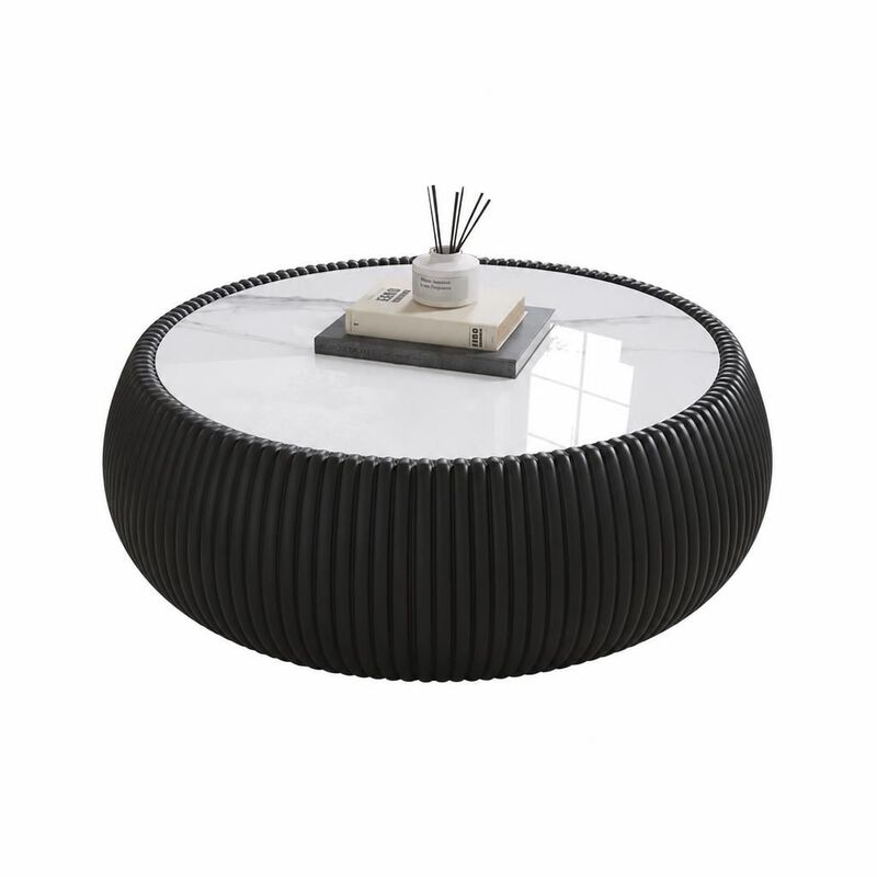 GOODSILO Modern Round Drum Shaped Sintered Stone Top Coffee Table Unique Patterned Accent Furniture For Living Room, Bedroom And Office image number 0
