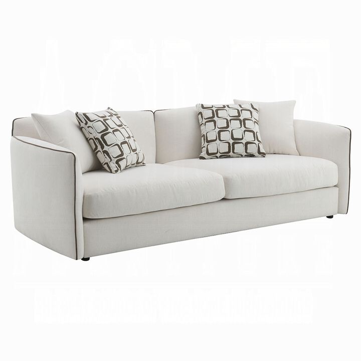 Yoda Sofa with 4 Throw Pillows, Foam Beige Chenille, Brown Trim 91 Inch