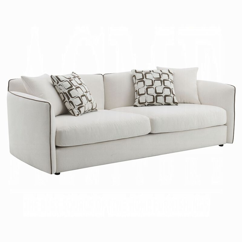 Yoda Sofa with 4 Throw Pillows, Foam Beige Chenille, Brown Trim 91 Inch image number 0
