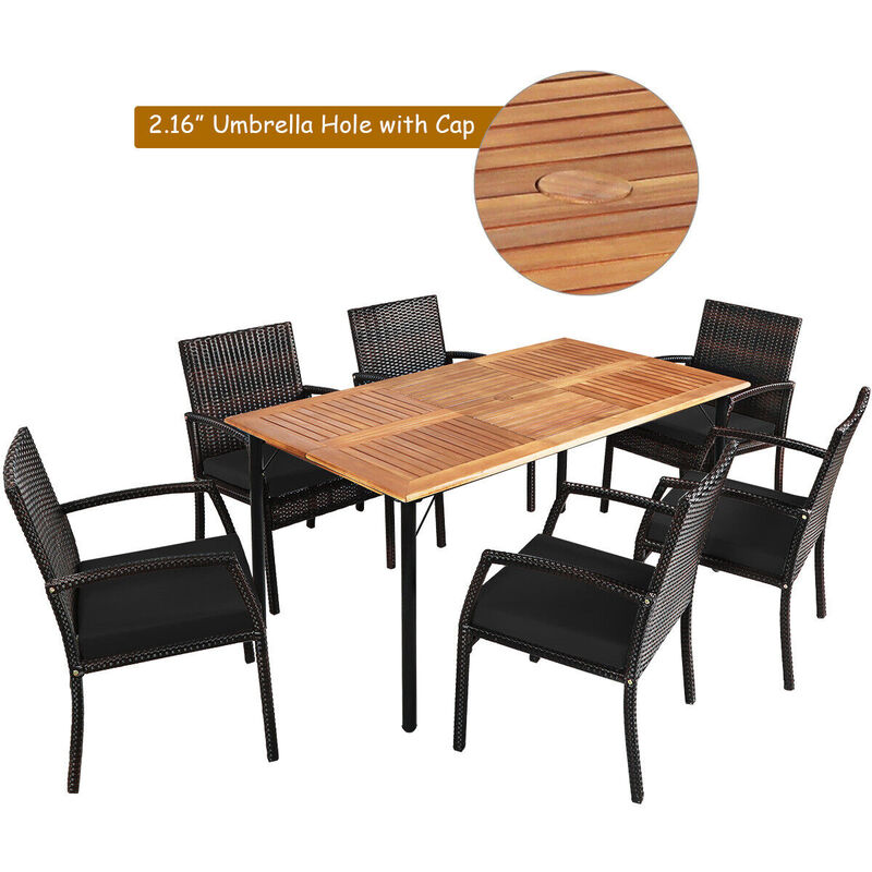 7Pcs Patio Rattan Cushioned Dining Set with Umbrella Hole image number 5