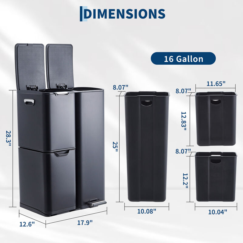 16 Gallon Triple Compartment Stainless Steel Trash Bin, Foot Pedal, Soft Close Lid, Removable Buckets, Large Capacity for Kitchen Office Bathroom image number 5