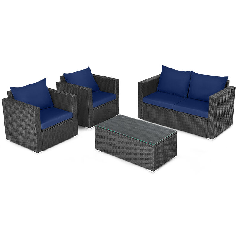 4 Pieces Patio Rattan Conversation Set with Padded Cushion and Tempered Glass Coffee Table