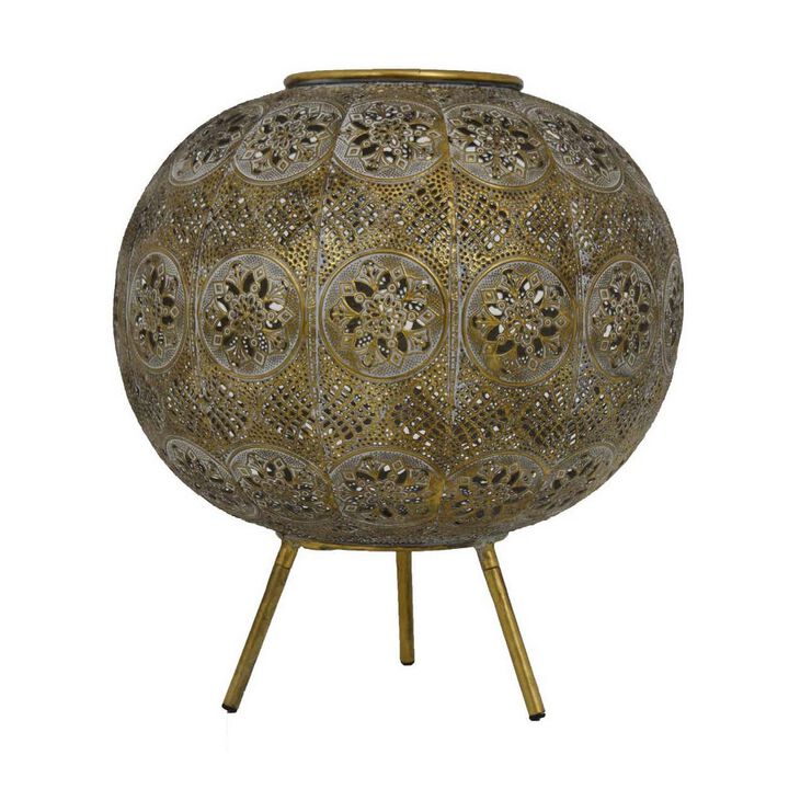 16 Inch Lantern, Standing, Decorative Pierced Floral Patterns, Round, Gold - Benzara