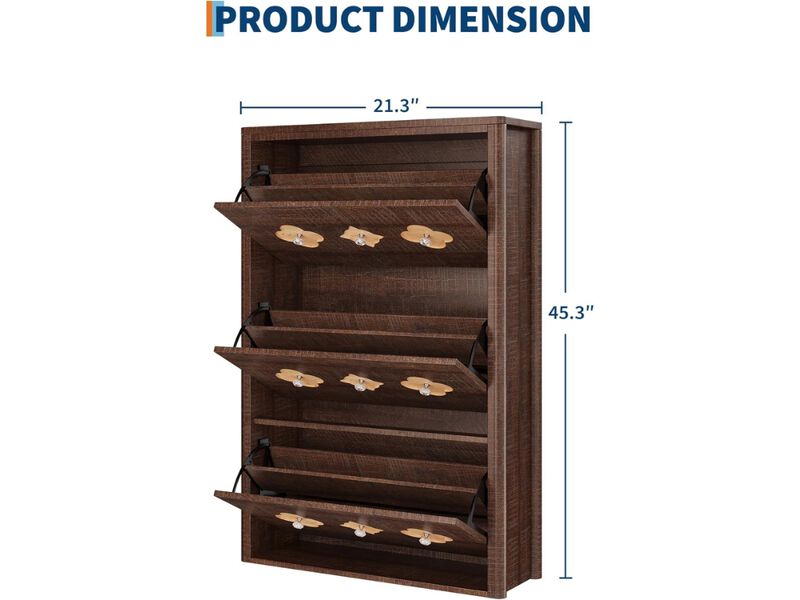 Slim Entryway Wood Shoe Storage Cabinet Flip Drawer Brown image number 2