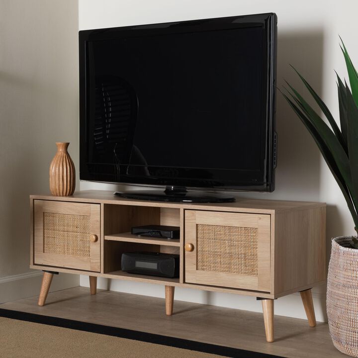 Baxton Studio Sebille  Light Brown Finished Wood 2 Door TV Stand with Natural Rattan