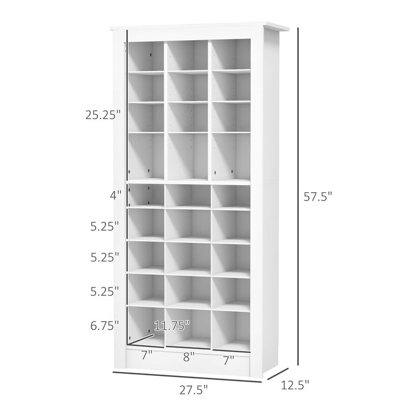 HOMCOM 58" Tall Shoe Cabinet for Entryway, Narrow Shoe Rack Storage Organizer with Open Cubes and Adjustable Shelves for 27 Pairs of Shoes, White