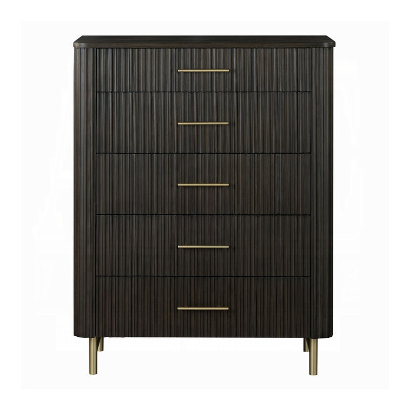 Jeh Tall Dresser Chest, 5 Drawers, Espresso Brown Wood and Gold Metal