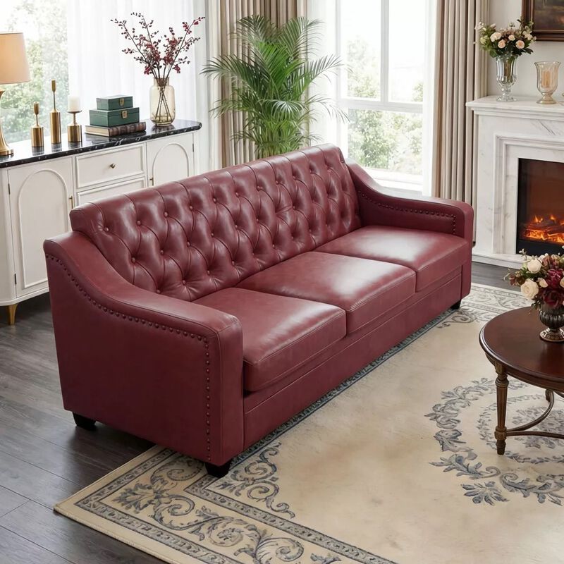 Vipbear 78.7" Chesterfield Faux Leather Sofa, 3 Seater Brown PU Couch Nailhead Trim for Living Room image number 8