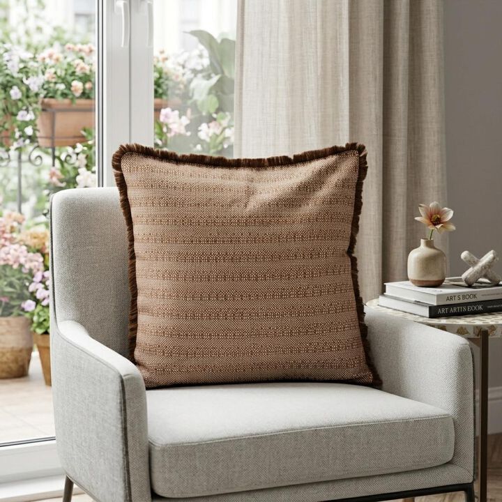 HomeRoots 24" Brown and White Striped Cotton Throw Pillow With Fringe
