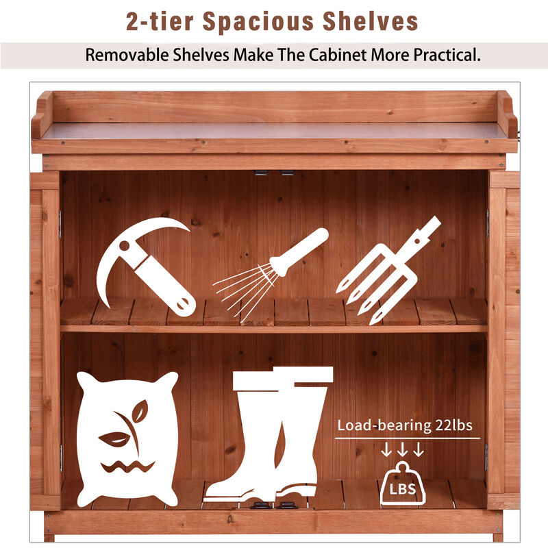 Outdoor Potting Bench Garden Workstation with 2 Shelves & Side Hooks Galvanized Tabletop