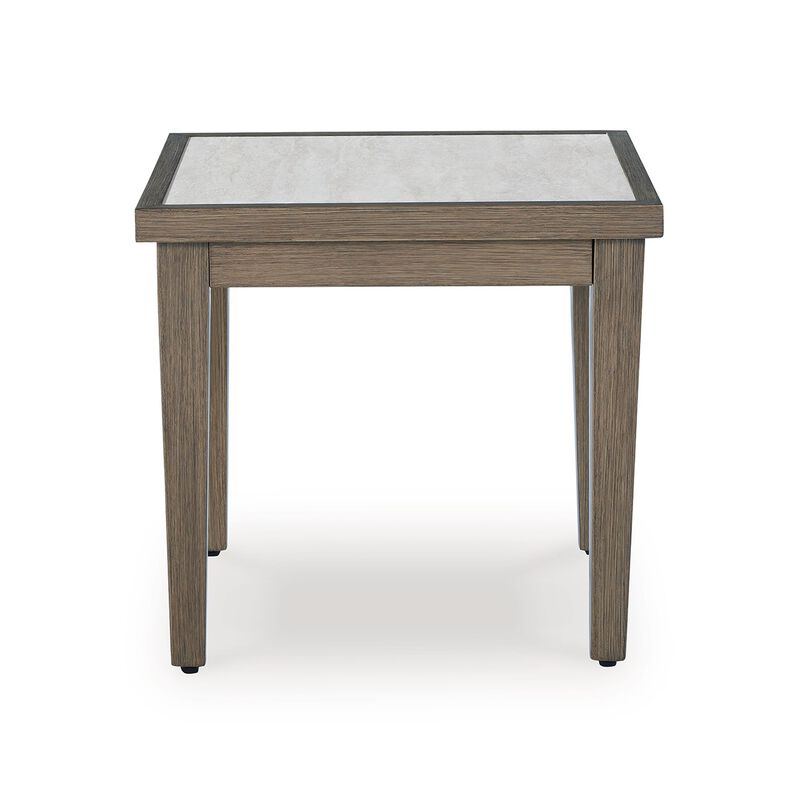 Inaya Outdoor Square End Table, Beige Sintered Stone, 24 Inch Brown - Benzara