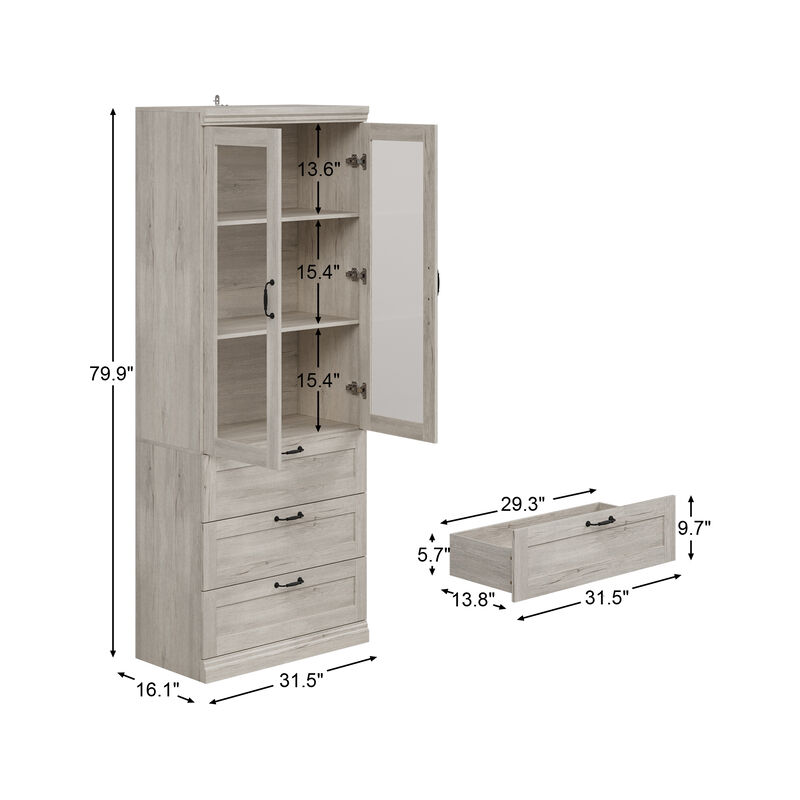 FUFU&GAGA Modern White Wood Grain Tall Boy Cabinet with Glass Doors and Drawers Storage Unit 31.5 in. L x 16.1 in. W x 79.9 in. H