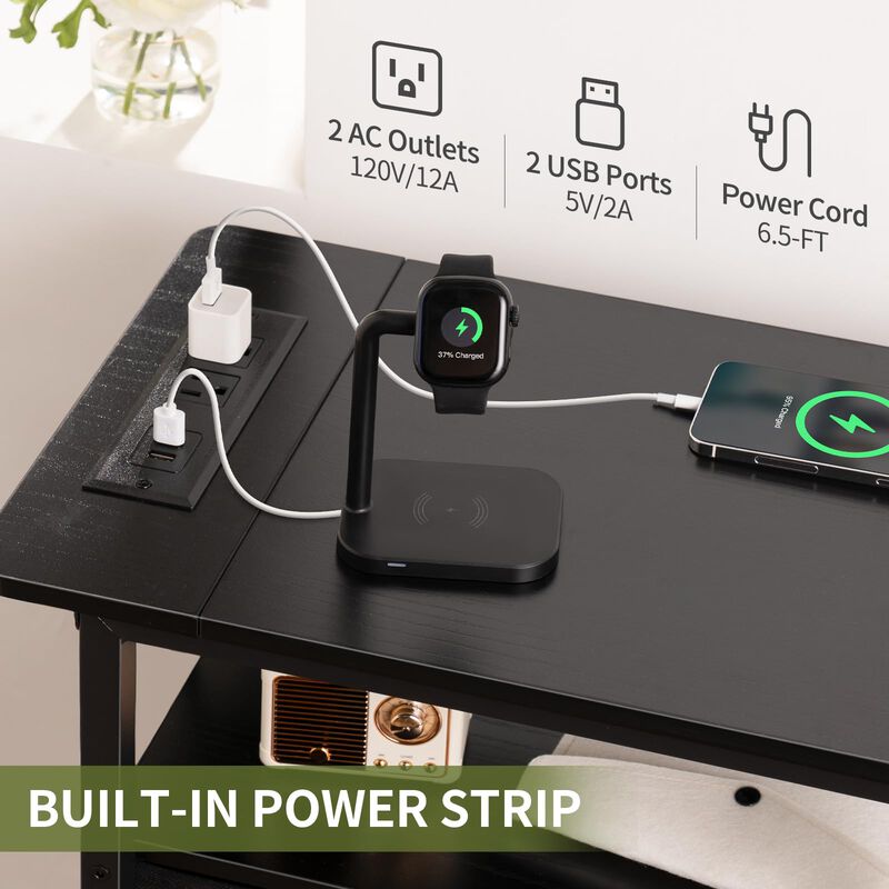 Yoobure Narrow Side Table, LED End Table with Charging Station, 3-Tier End Tables Living Room with Adjustable Fabric Drawer, Sma