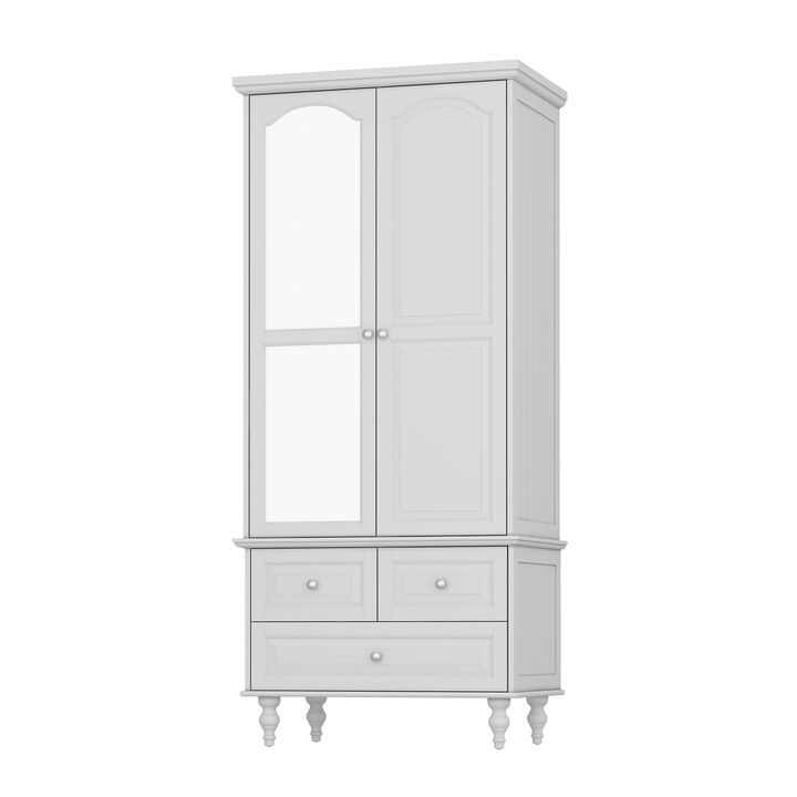 White Wooden Wardrobe Armoires W/ Mirror,Hanging Rods, Drawers,adjustable Shelves( 19.7 in. D x 31.5 in. W x 70.9 in. H)
