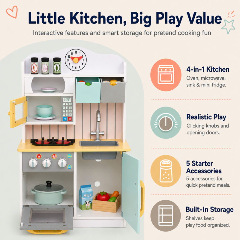 Teamson Kids Little Chef Florence Compact Wooden Play Kitchen with Oven, Microwave, Sink, Half Fridge, Clicking Knobs, Storage, 5 Accessories, Pretend Play Set image number 2