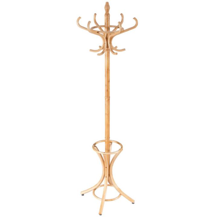 Hivvago Wooden Standing Coat Rack Tree with 12 Hooks and Umbrella Stand