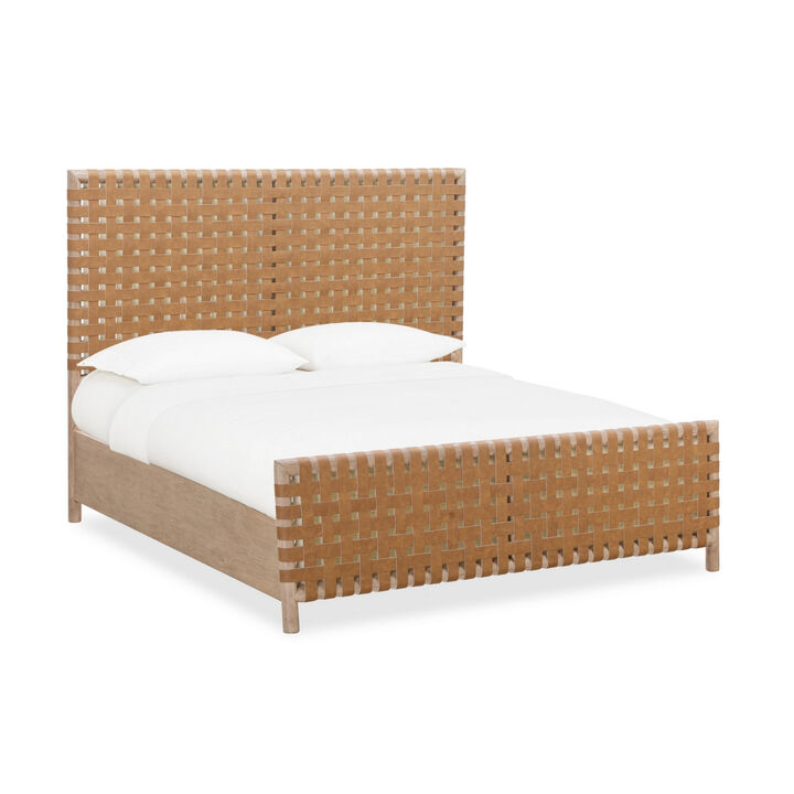Dory California King Bed, Hand Woven Head and Footboard, Brown Faux Leather - Benzara