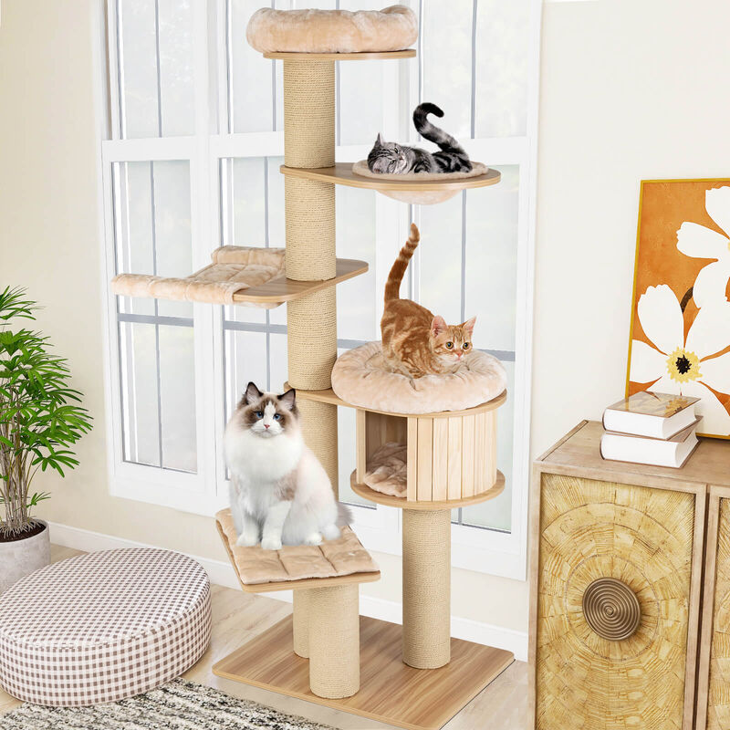 Modern Tall Cat Tree Tower with Scratch Posts and Washable Mats-Beige image number 2