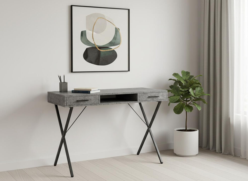 HomeRoots 42" Gray and Black Wood and Metal x-Shape Computer Desk With Two Drawers