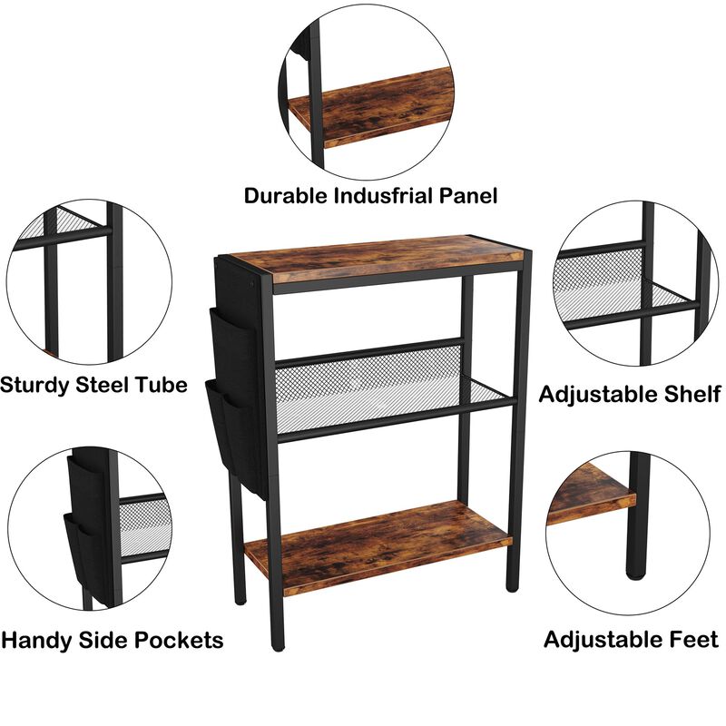 Yusong Small Narrow Side Table for Small Spaces, Slim End Table with Storage Bag, Sofa Snack Table with Adjustable Metal Mesh, 3