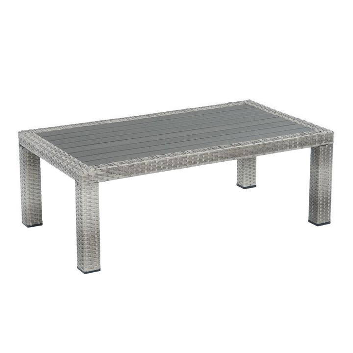 Max 46 Inch Outdoor Coffee Table, Gray Faux Wood Frame, Woven Resin Wicker-Benzara