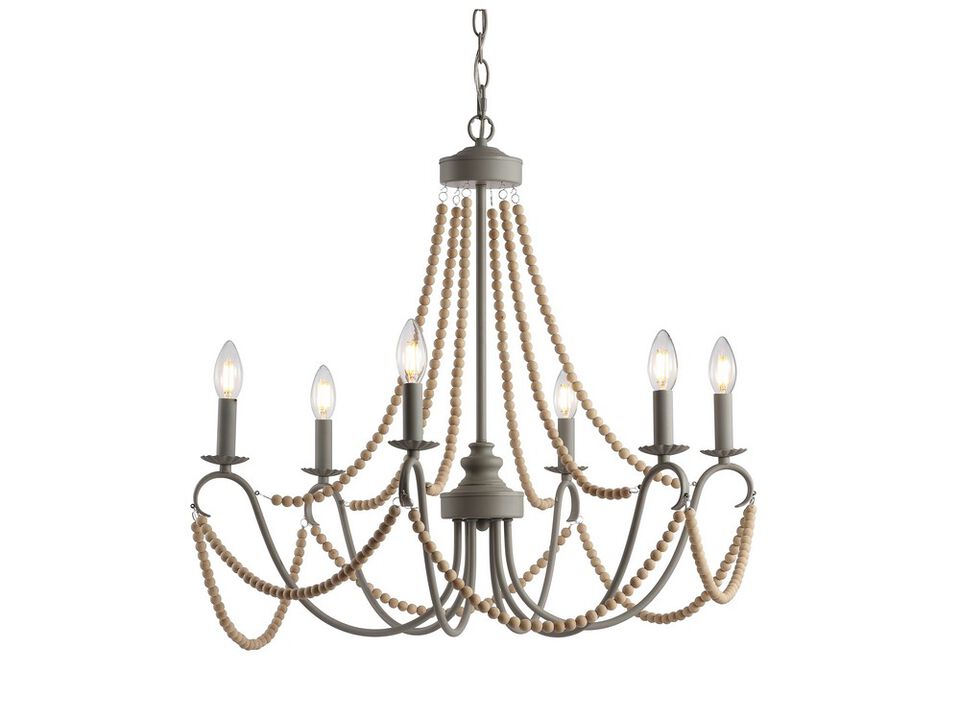 Rustica Adjustable Greige Metal/Wood Bead LED Chandelier