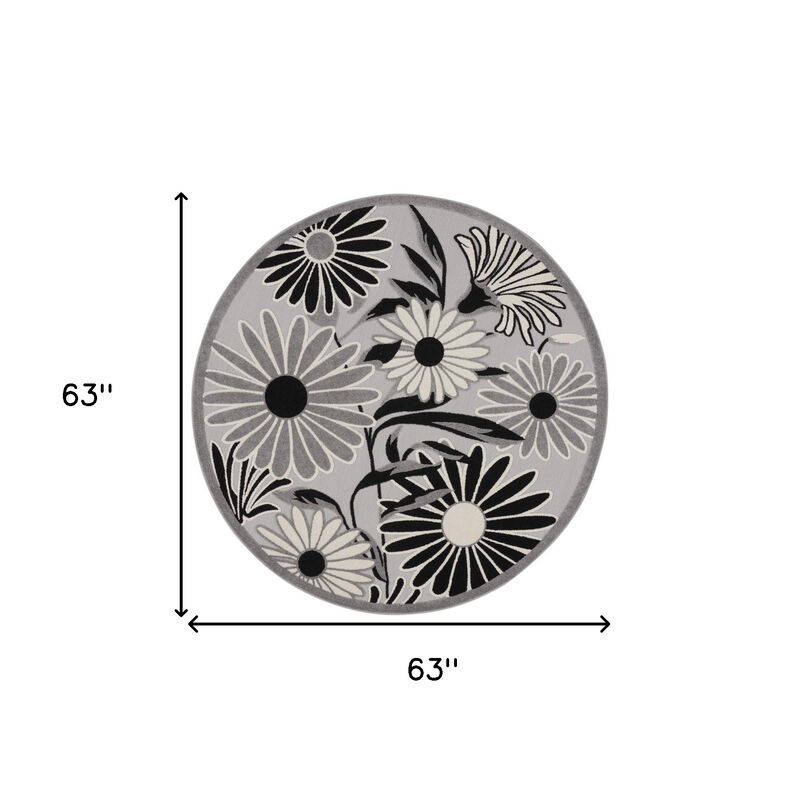 HomeRoots 5' Black And White Round Floral Indoor Outdoor Area Rug image number 6