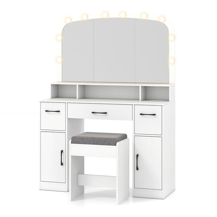 Makeup Vanity Table with Stool 3 Color Lighting and Charging Station