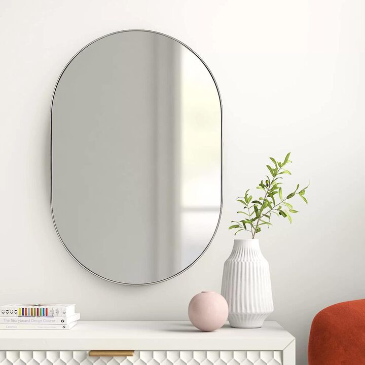 ELEMENT ACE Elegant Silver Metal Oval Wall Mirror with Shatterproof Design Ideal For Modern Contemporary Room Decor